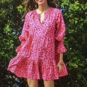Figue Bella Short Dress in Pink Floral Print - Ruffle Tassel Tunic Mini Small